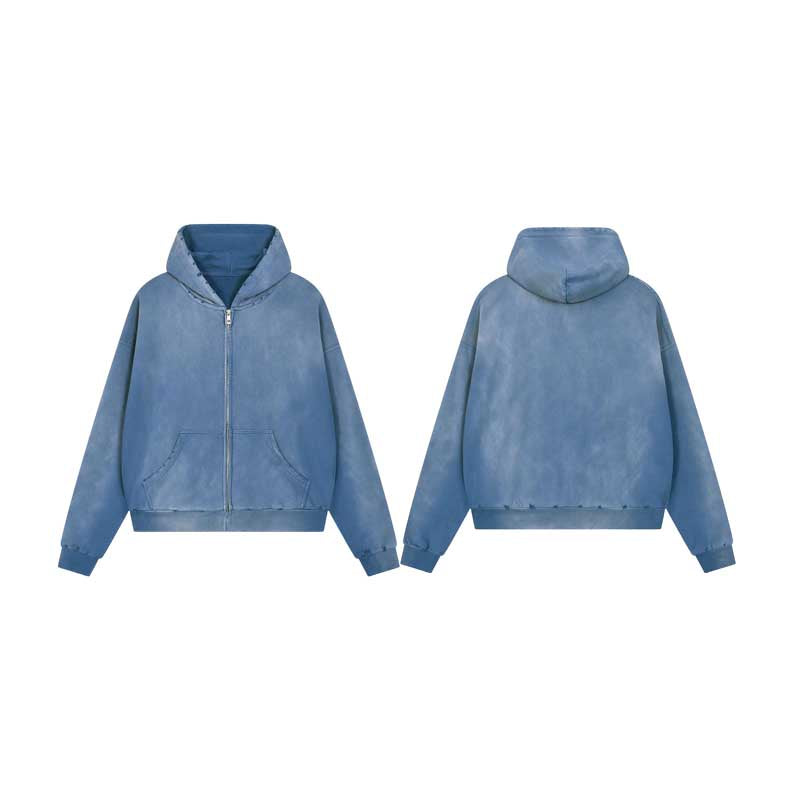 Distressed Washed Zip-Up Hoodie – Slate Blue 2738