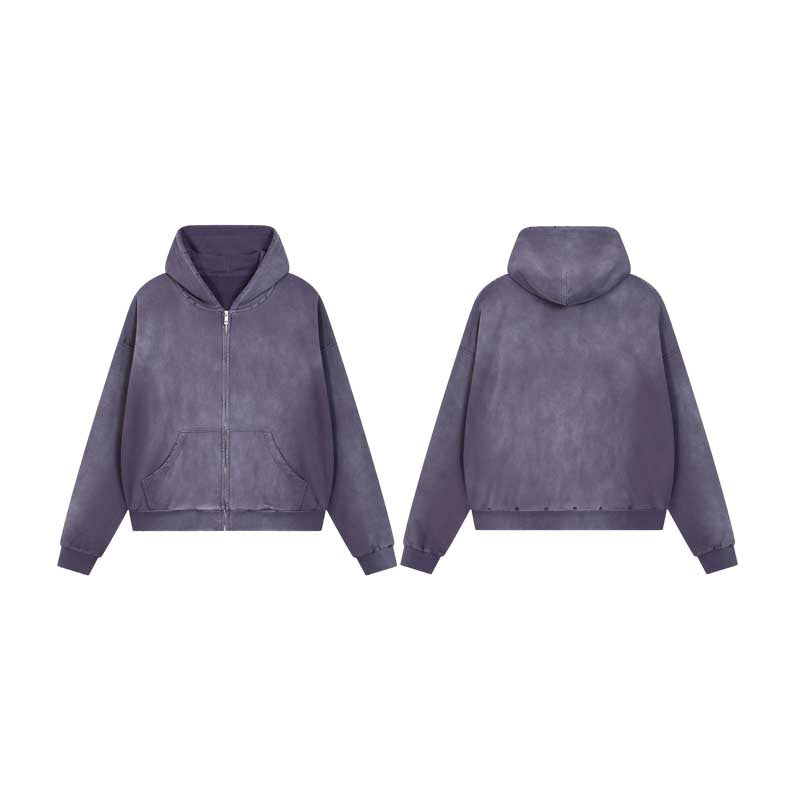 Distressed Washed Zip-Up Hoodie – Purple 2738