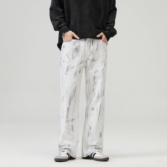 Retro Washed White Tie-Dye Regular Fit Jeans Men High Street Distressed DirtyFut Oversized Streetwear Denim Trousers