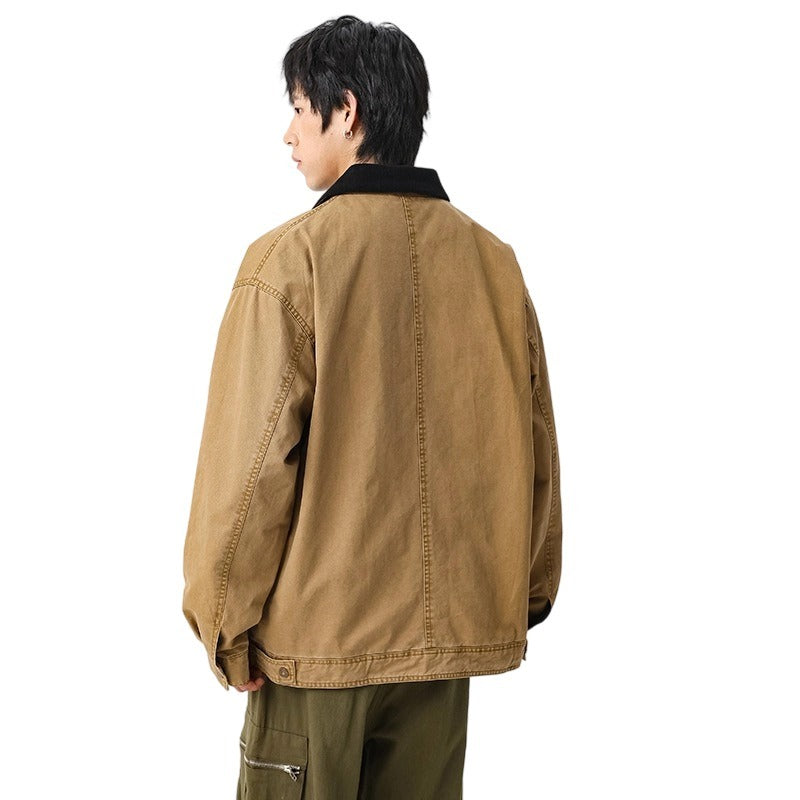 Men's Heavyweight 300g Double Twill Cotton Bomber Jacket - Vintage Distressed Finish, Embroidered Lettering, Casual Workwear Coat