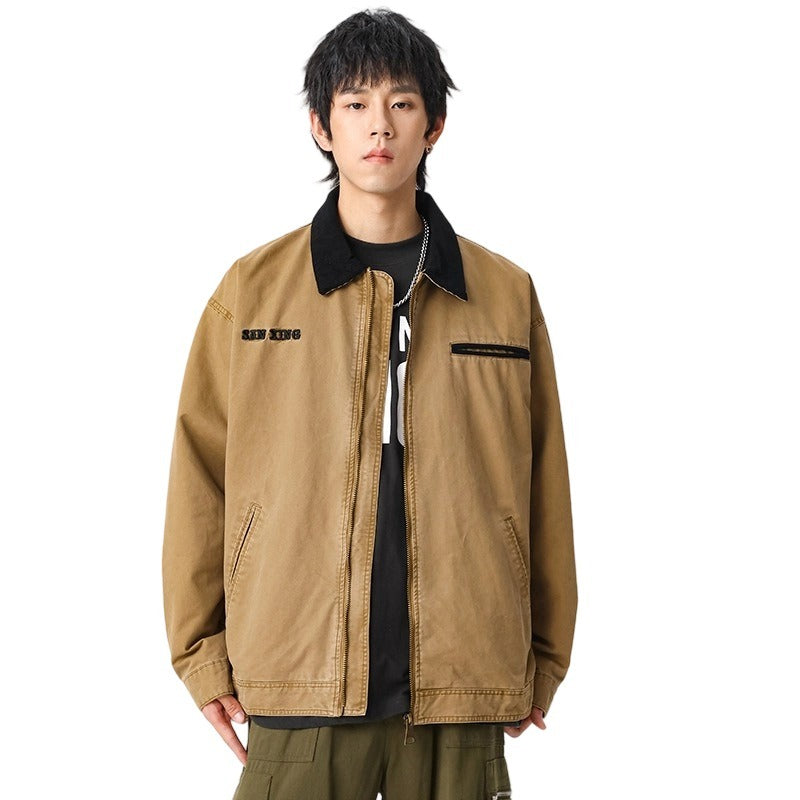 Men's Heavyweight 300g Double Twill Cotton Bomber Jacket - Vintage Distressed Finish, Embroidered Lettering, Casual Workwear Coat