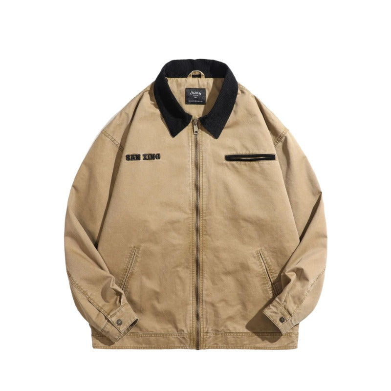 Men's Heavyweight 300g Double Twill Cotton Bomber Jacket - Vintage Distressed Finish, Embroidered Lettering, Casual Workwear Coat