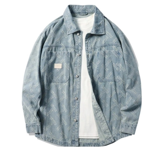 Men's Vintage Floral Embroidery Denim Jacket - Distressed Retro Loose Fit Designer Coat with Buckle Details