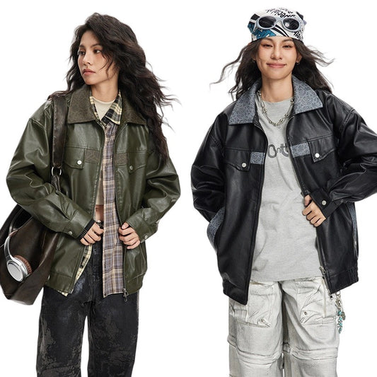 PU Leather Biker Jacket - Vintage Hip-Hop Color Block Streetwear Coat | Unisex Oversized Fit for Men & Women