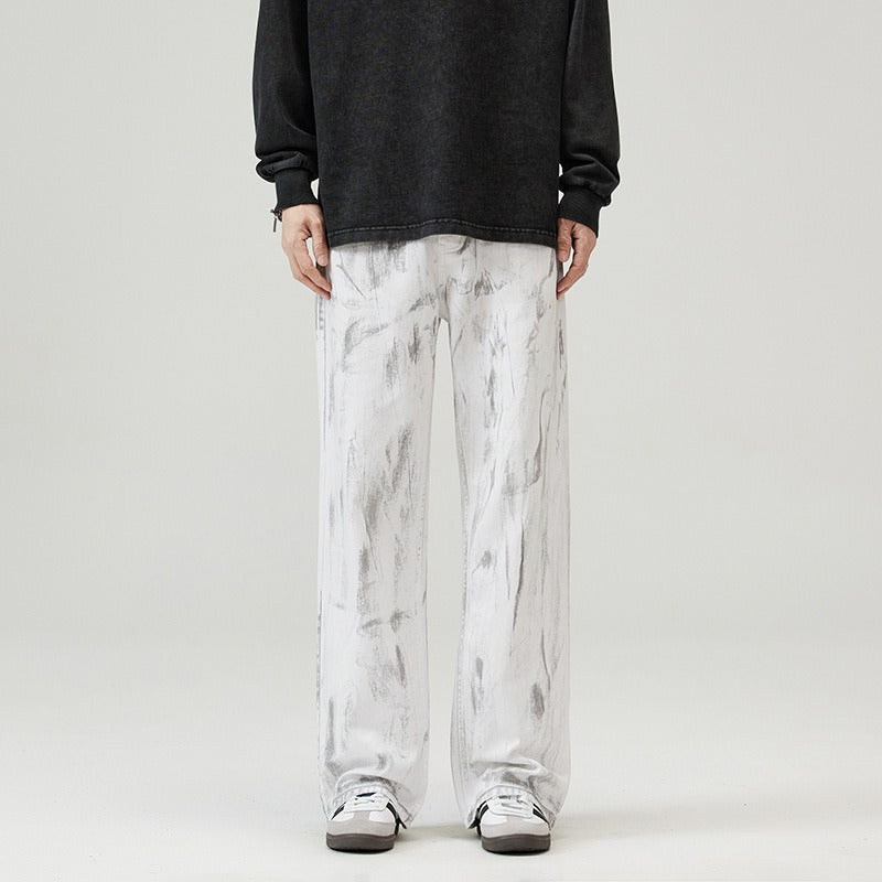 Retro Washed White Tie-Dye Regular Fit Jeans Men High Street Distressed DirtyFut Oversized Streetwear Denim Trousers
