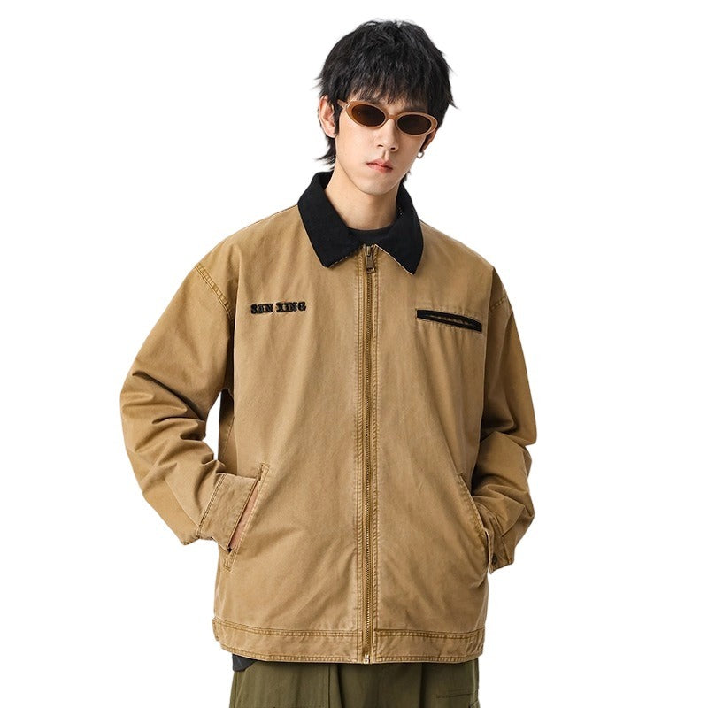 Men's Heavyweight 300g Double Twill Cotton Bomber Jacket - Vintage Distressed Finish, Embroidered Lettering, Casual Workwear Coat