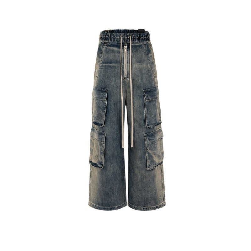 Unisex Wide-Leg Cargo Jeans | Washed Ombre Denim with 6 Pockets, High Waist Streetwear for Men & Women - Urban Functional Fashion