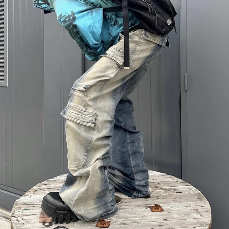 Unisex Wide-Leg Cargo Jeans | Washed Ombre Denim with 6 Pockets, High Waist Streetwear for Men & Women - Urban Functional Fashion