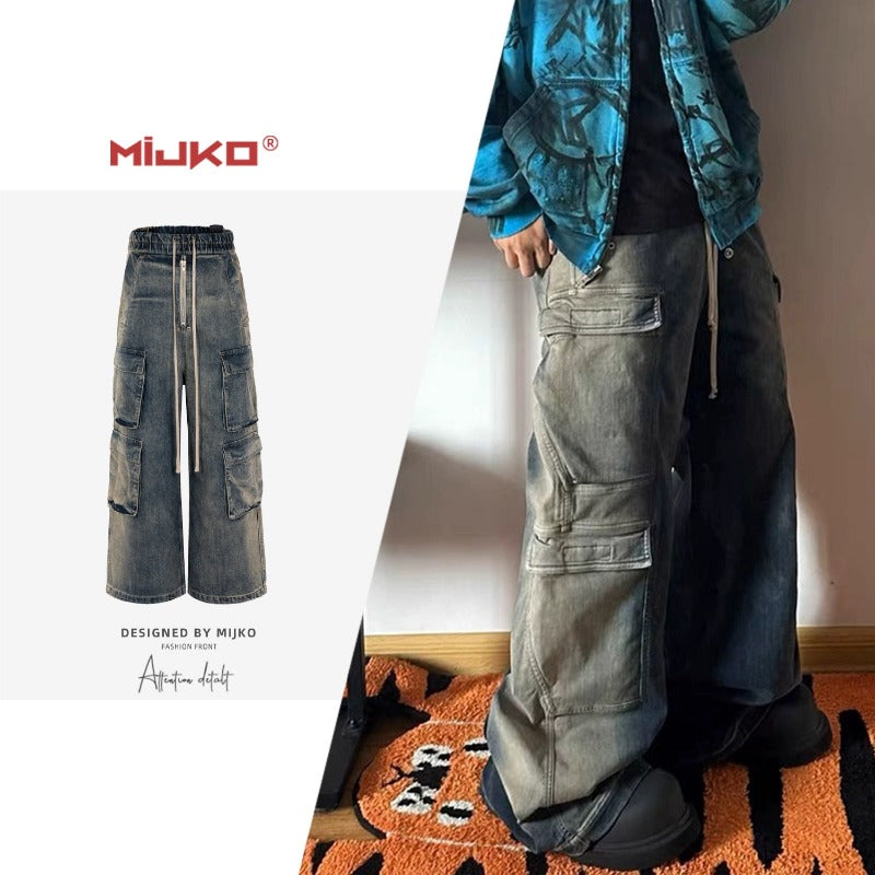 Unisex Wide-Leg Cargo Jeans | Washed Ombre Denim with 6 Pockets, High Waist Streetwear for Men & Women - Urban Functional Fashion