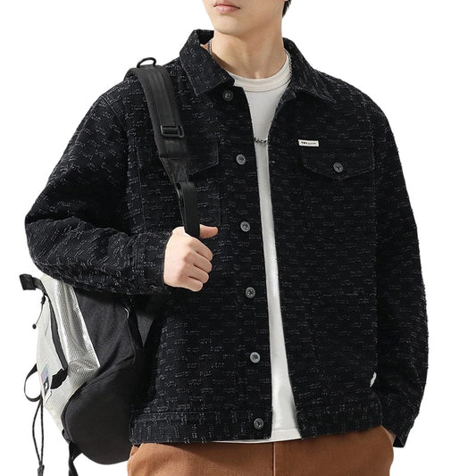Men's Vintage Jacquard Denim Jacket - Distressed Oversized Streetwear Coat with Metal Hardware