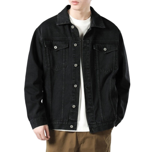 Men's Autumn Black Denim Jacket - Retro Workwear Style with Utility Pockets, Oversized Fit Casual Streetwear