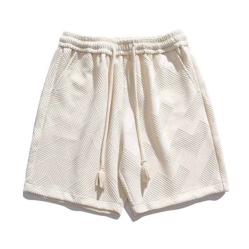 Japanese-Style Heavyweight Cotton Jacquard Drawstring Shorts - Men's Relaxed Casual Summer Shorts with Tassel Detail