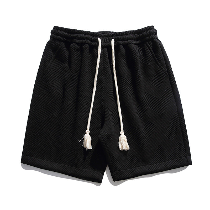 Japanese-Style Heavyweight Cotton Jacquard Drawstring Shorts - Men's Relaxed Casual Summer Shorts with Tassel Detail