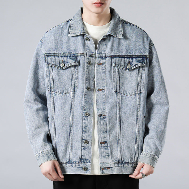 Men's Autumn Black Denim Jacket - Retro Workwear Style with Utility Pockets, Oversized Fit Casual Streetwear