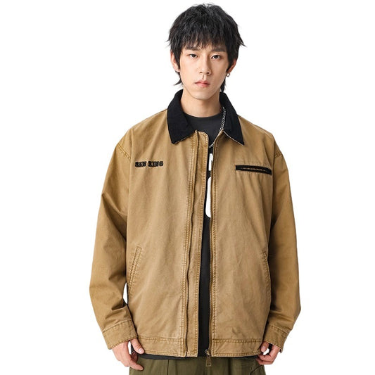 Men's Heavyweight 300g Double Twill Cotton Bomber Jacket - Vintage Distressed Finish, Embroidered Lettering, Casual Workwear Coat