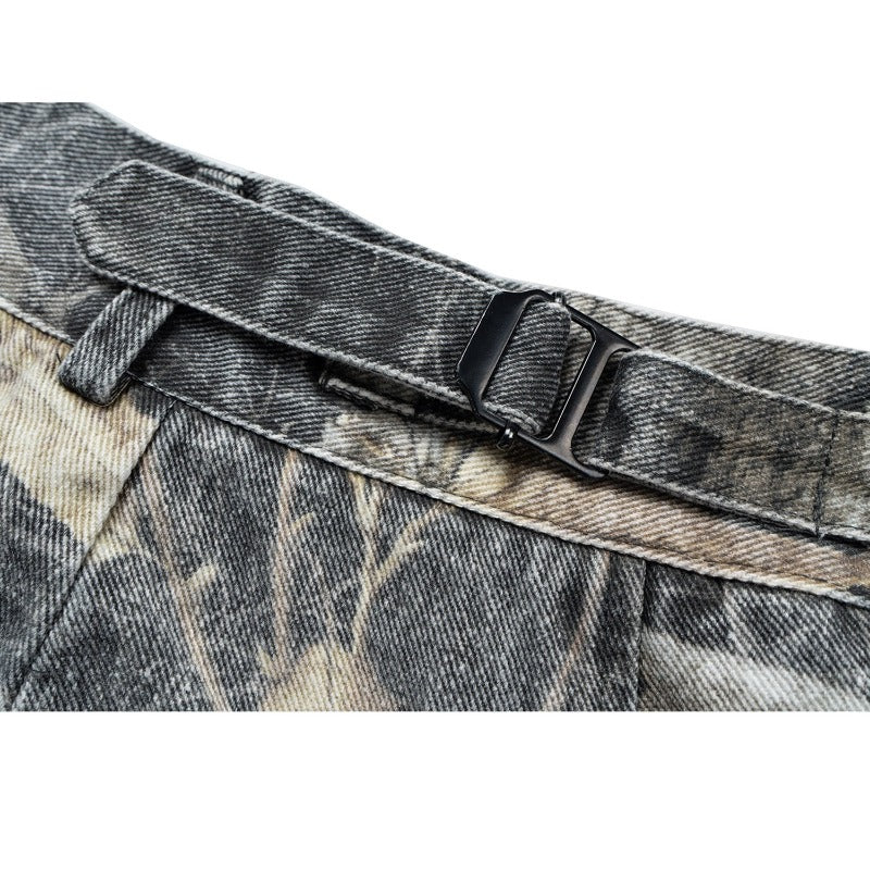 Unisex Adjustable Waist Camo Cargo Shorts - Distressed Denim with Eco Enzyme Wash - Military Utility Style for Men & Women