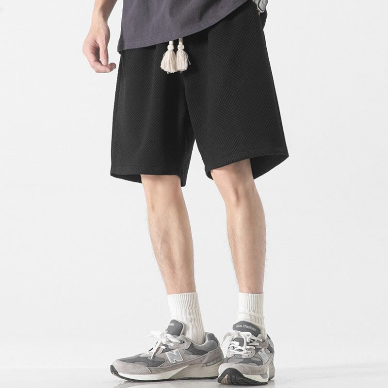 Japanese-Style Heavyweight Cotton Jacquard Drawstring Shorts - Men's Relaxed Casual Summer Shorts with Tassel Detail