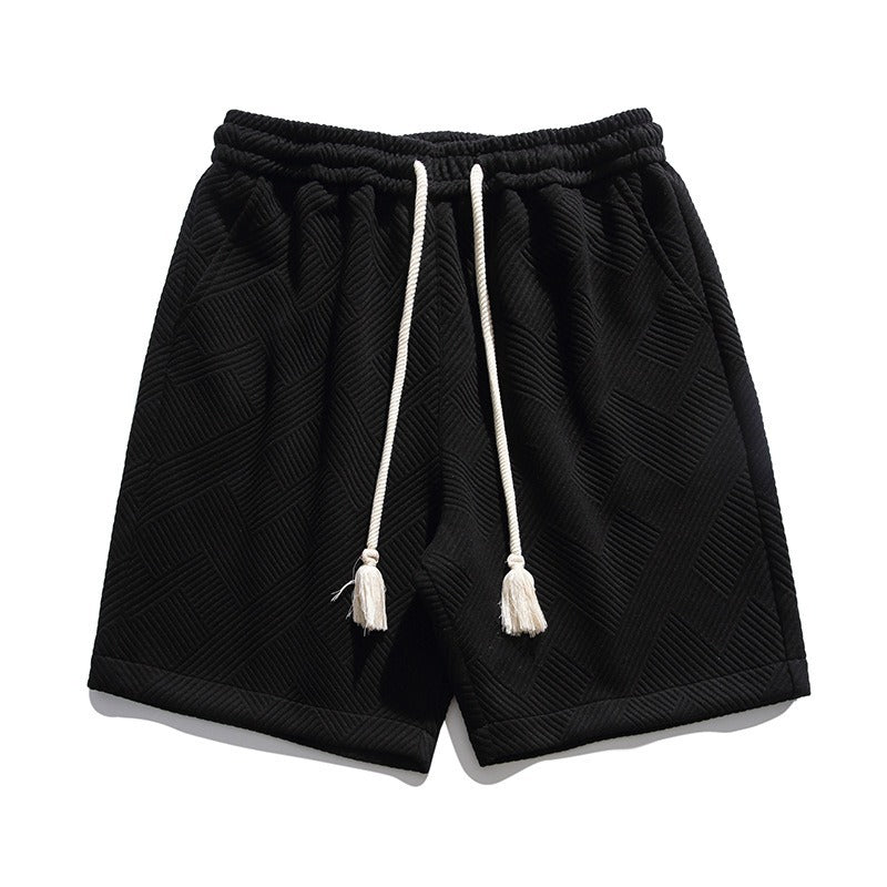 Japanese-Style Heavyweight Cotton Jacquard Drawstring Shorts - Men's Relaxed Casual Summer Shorts with Tassel Detail