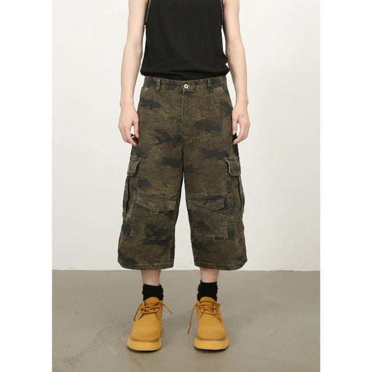 Vintage Camo Jorts Wide Leg 7/8 Cargo Pants Elastic Waist Multi Pocket Utility Shorts Straight Cut Retro Workwear Casual Outfit
