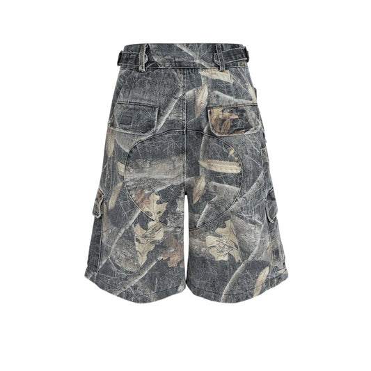 Unisex Adjustable Waist Camo Cargo Shorts - Distressed Denim with Eco Enzyme Wash - Military Utility Style for Men & Women
