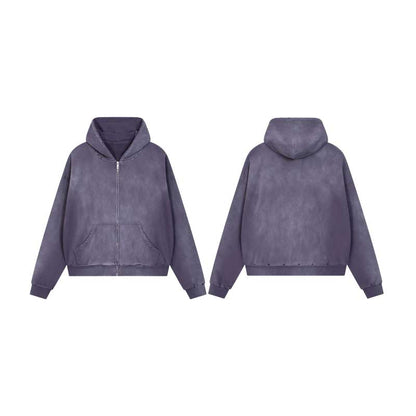 Distressed Washed Zip-Up Hoodie – Purple 2738