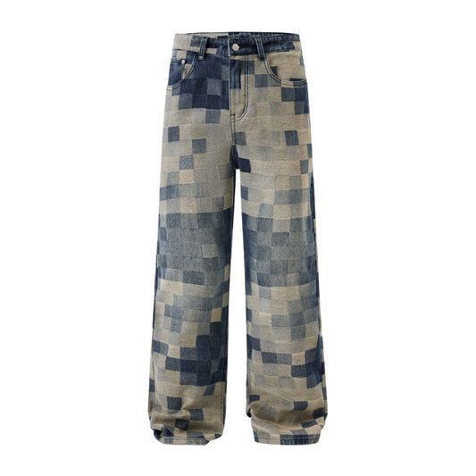 Men's 2025 Mosaic Checkerboard High-Waisted Loose Straight Leg Jeans - American Streetwear, Retro Blue Stretch Denim Pants for Urban Fashion