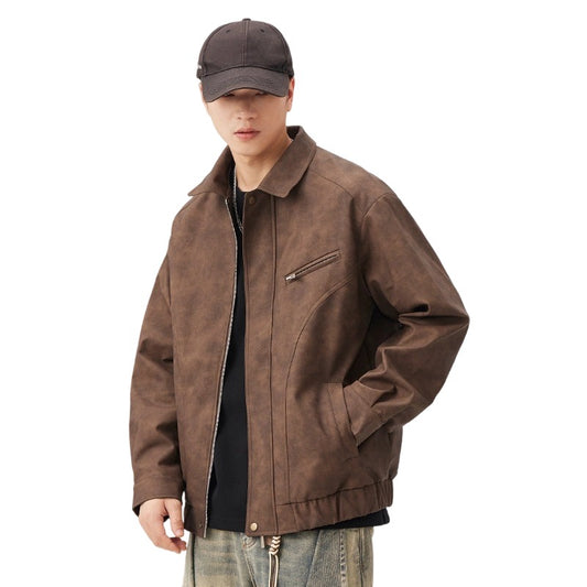Premium Men's Retro PU Suede Bomber Jacket - Distressed Utility Coat, Spring/Autumn 2025