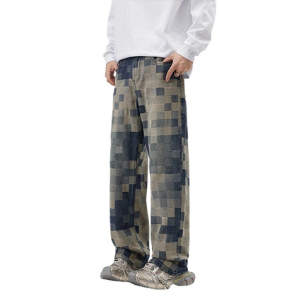 Men's 2025 Mosaic Checkerboard High-Waisted Loose Straight Leg Jeans - American Streetwear, Retro Blue Stretch Denim Pants for Urban Fashion