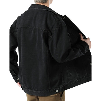 Men's Autumn Black Denim Jacket - Retro Workwear Style with Utility Pockets, Oversized Fit Casual Streetwear