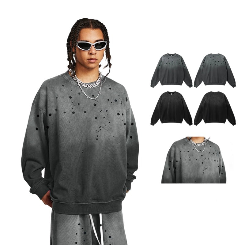 Men's 2025 American High Street Heavyweight French Terry Crewneck Sweatshirt - Oversized Drop Shoulder Eye-Catching Distressed Paint Splatter Layering Essential