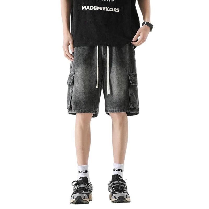 Trending Men's Elastic Waist Denim Cargo Shorts - Oversized Street Style with 6 Pockets, Unisex Baggy Fit for Travel Gym Hiking