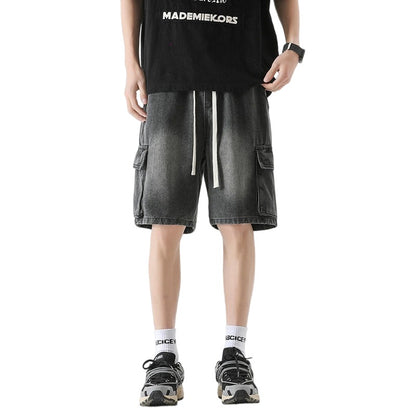 Trending Men's Elastic Waist Denim Cargo Shorts - Oversized Street Style with 6 Pockets, Unisex Baggy Fit for Travel Gym Hiking