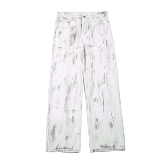 Retro Washed White Tie-Dye Regular Fit Jeans Men High Street Distressed DirtyFut Oversized Streetwear Denim Trousers