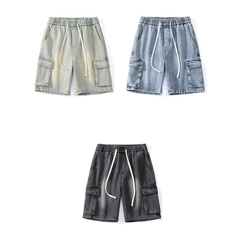 Trending Men's Elastic Waist Denim Cargo Shorts - Oversized Street Style with 6 Pockets, Unisex Baggy Fit for Travel Gym Hiking