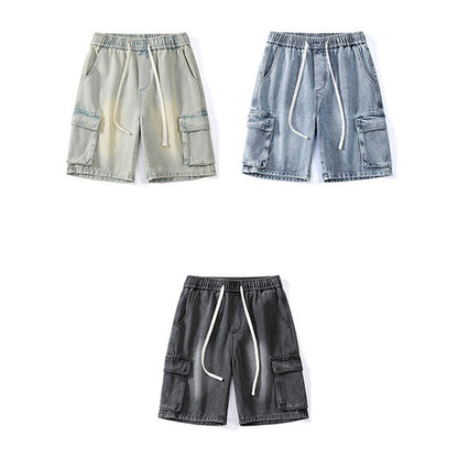 Trending Men's Elastic Waist Denim Cargo Shorts - Oversized Street Style with 6 Pockets, Unisex Baggy Fit for Travel Gym Hiking
