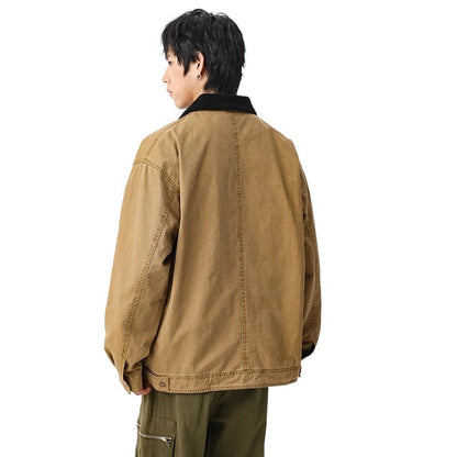 Men's Heavyweight 300g Double Twill Cotton Bomber Jacket - Vintage Distressed Finish, Embroidered Lettering, Casual Workwear Coat