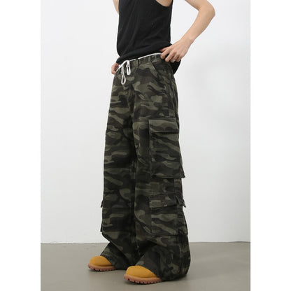 Men's Streetwear Vintage Camo Cargo Pants Wide Distressed Jeans American Retro High Street Loose Straight Wide Leg Oversized Trousers