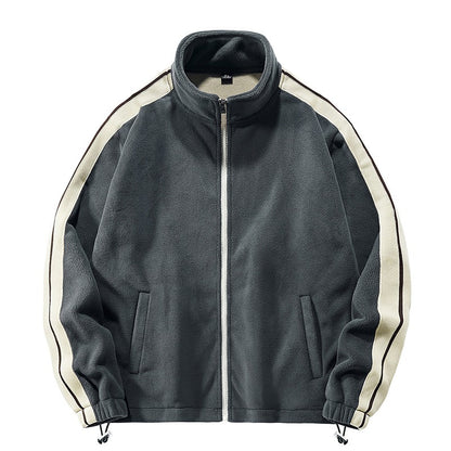 2025 Men's Thermal Fleece Jacket - Windproof Heavyweight Coat with Stand Collar & Color Block Design for Hiking/Camping