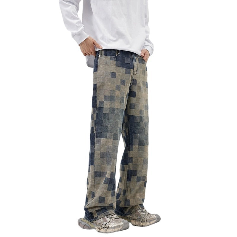 Men's 2025 Mosaic Checkerboard High-Waisted Loose Straight Leg Jeans - American Streetwear, Retro Blue Stretch Denim Pants for Urban Fashion
