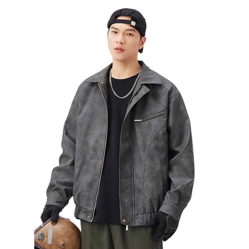 Premium Men's Retro PU Suede Bomber Jacket - Distressed Utility Coat, Spring/Autumn 2025