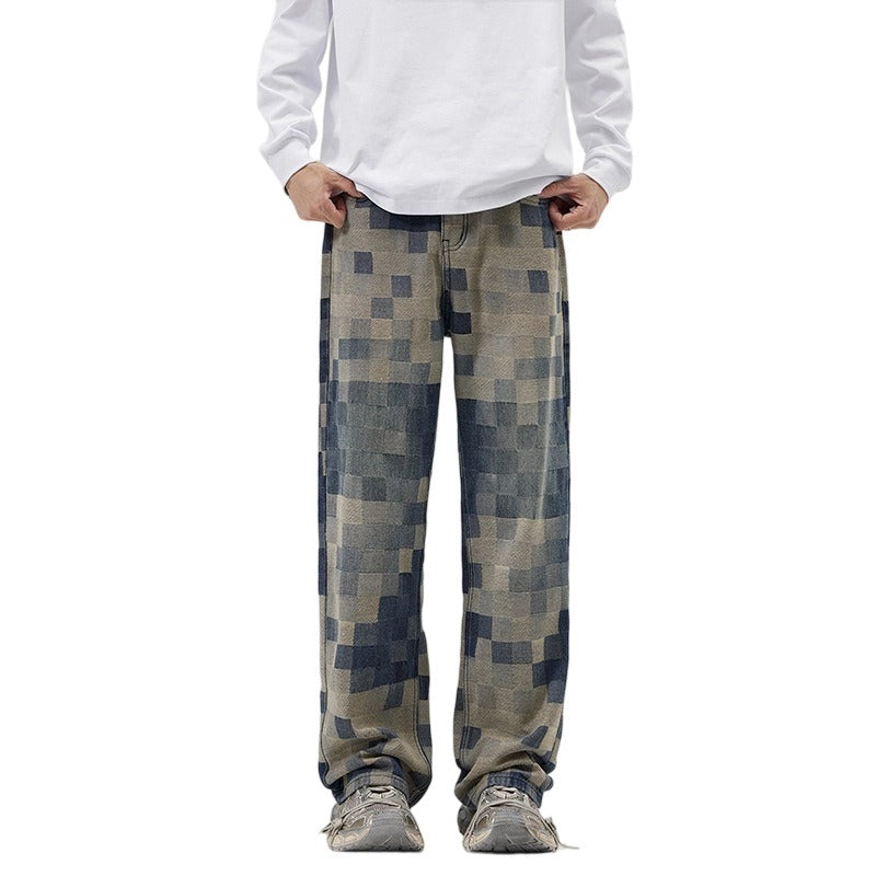 Men's 2025 Mosaic Checkerboard High-Waisted Loose Straight Leg Jeans - American Streetwear, Retro Blue Stretch Denim Pants for Urban Fashion