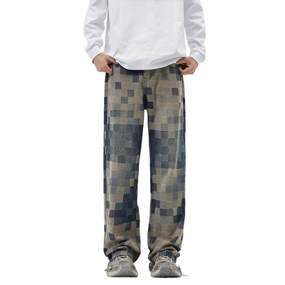 Men's 2025 Mosaic Checkerboard High-Waisted Loose Straight Leg Jeans - American Streetwear, Retro Blue Stretch Denim Pants for Urban Fashion