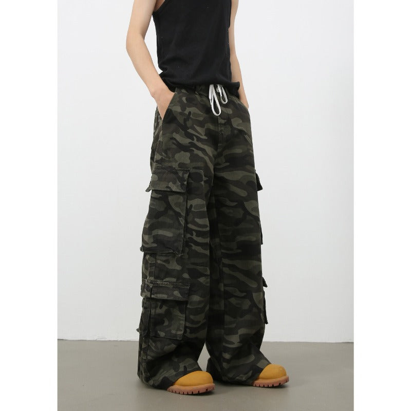 Men's Streetwear Vintage Camo Cargo Pants Wide Distressed Jeans American Retro High Street Loose Straight Wide Leg Oversized Trousers