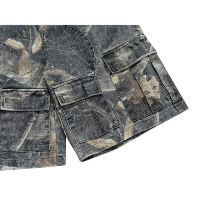 Unisex Adjustable Waist Camo Cargo Shorts - Distressed Denim with Eco Enzyme Wash - Military Utility Style for Men & Women