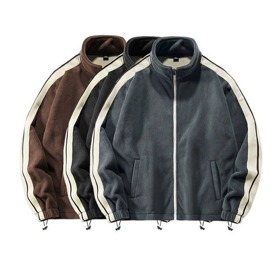2025 Men's Thermal Fleece Jacket - Windproof Heavyweight Coat with Stand Collar & Color Block Design for Hiking/Camping