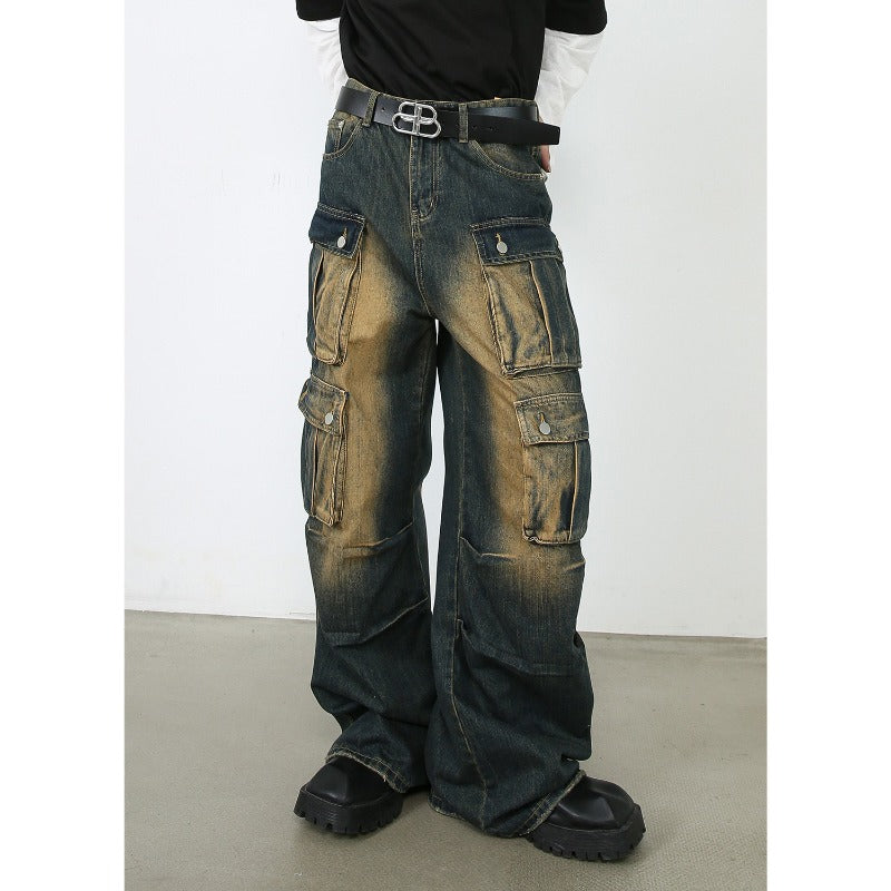 Vintage Cargo Jeans Men's Retro Utility Workwear Pants - Relaxed Straight Leg, Multi-Pocket Design & Comfort Stretch Fit- High Street Urban Streetwear