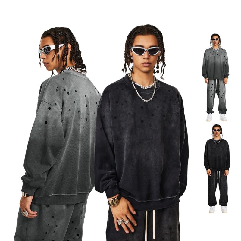 Men's 2025 American High Street Heavyweight French Terry Crewneck Sweatshirt - Oversized Drop Shoulder Eye-Catching Distressed Paint Splatter Layering Essential