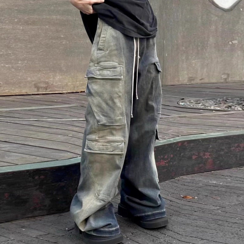 Unisex Wide-Leg Cargo Jeans | Washed Ombre Denim with 6 Pockets, High Waist Streetwear for Men & Women - Urban Functional Fashion
