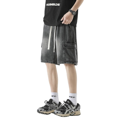 Trending Men's Elastic Waist Denim Cargo Shorts - Oversized Street Style with 6 Pockets, Unisex Baggy Fit for Travel Gym Hiking