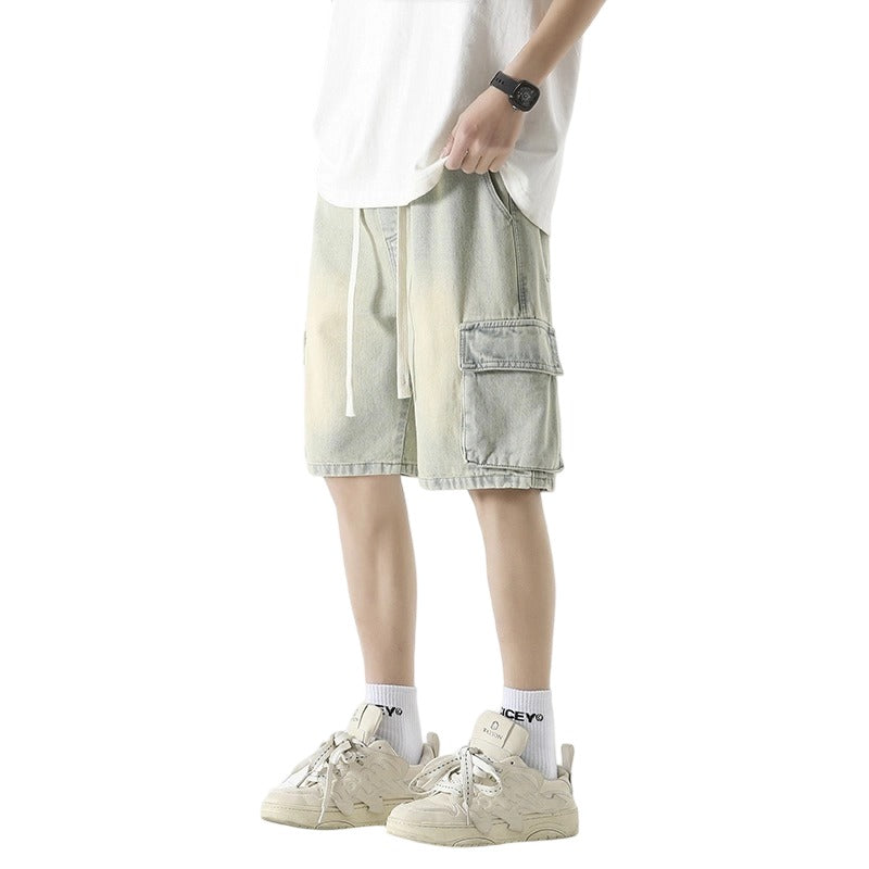 Trending Men's Elastic Waist Denim Cargo Shorts - Oversized Street Style with 6 Pockets, Unisex Baggy Fit for Travel Gym Hiking
